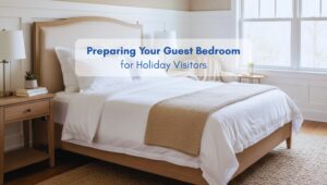 Clean and cozy guest bedroom with neatly made bed and natural light, prepared for holiday visitors in a modern American home.