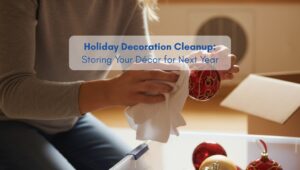 Woman carefully packing red and gold Christmas ornaments into storage boxes in a clean, organized North American-style attic, illustrating holiday decoration cleanup and storage.