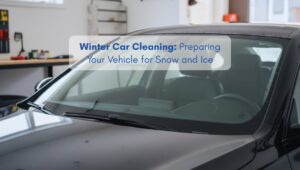 Clean black car parked in a tidy North American-style garage, prepared for winter with visible condensation on the windshield, representing seasonal vehicle cleaning and care.