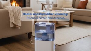 Humidifier operating in a clean, cozy North American-style living room with a fireplace, representing winter home maintenance and indoor air care.