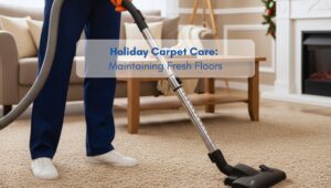 Person vacuuming a beige carpet in a clean, cozy North American-style living room decorated for the holidays, illustrating professional carpet cleaning and seasonal home care.
