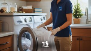 Woman placing freshly laundered bedding into a washing machine in a clean, cozy laundry room prepared for holiday guests.