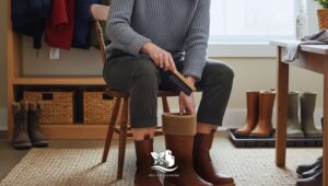 Woman doing winter wardrobe care in the boots with a brush in a bright, organized mudroom of a modern North American home.