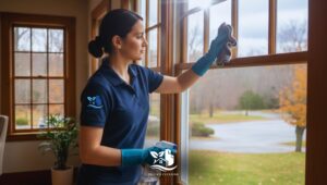 Woman cleaning interior window with a microfiber cloth in a bright, tidy American-style home while preparing for winter.