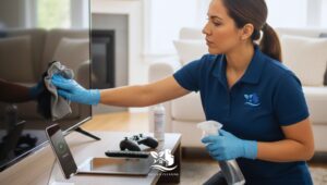 Professional cleaner sanitizing household electronics in a bright, organized living room during flu season.