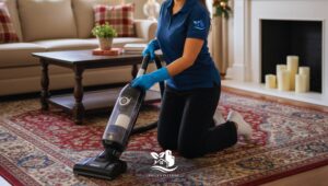 Person vacuuming a clean patterned rug in a tidy living room using a HEPA vacuum while preparing the home for holiday photos.