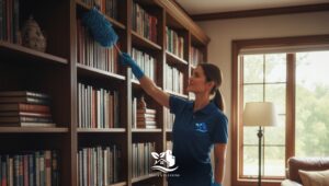 Professional cleaner dusting a large home library bookshelf in a bright and organized living space.