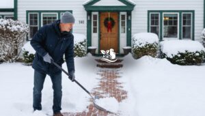Man shoveling snow from a front walkway to prepare the home’s entryway for winter storms.