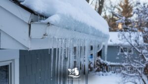Ice dam forming along a snow-covered gutter on a North American home during winter.