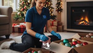 Woman cleaning holiday ornaments from a cardboard box in a tidy, decorated living room of a traditional American home