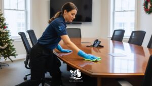 Woman cleaning a conference room table with a microfiber cloth in a modern North American office during year end deep cleaning.