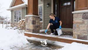 Woman spreading eco-friendly ice melt on a snowy front entryway of a North American home to creating safe winter walkways and entryways.