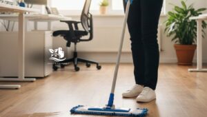 Professional cleaner sanitizing an office floor with a microfiber mop in a modern North American workspace.