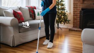Professional cleaner mopping hardwood floors in a holiday-ready Airbnb living room with festive décor and fireplace.