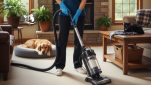 Woman vacuuming a living room with a HEPA vacuum, removing pet hair and dander in a clean North American home during winter.