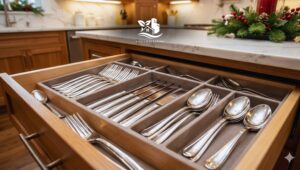 Clean and polished silverware neatly organized in a drawer inside a modern American style kitchen prepared for holiday dining