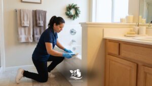 Professional cleaner scrubbing a bathtub in a clean, organized guest bathroom, preparing the space for holiday visitors in a North American home.