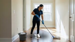 Woman performing a year-end rental turnover deep cleaning in a clean, organized North American home, preparing the property for new tenants