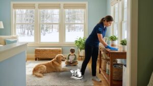 Woman performing eco-friendly cleaning in a bright, organized New England home, preparing the space for new tenants using non-toxic products.