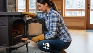 Woman performing wood stove maintenance by cleaning ash and inspecting the firebox in a clean North American home during winter preparation.
