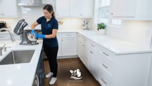 Woman cleaning holiday baking equipment, including a stand mixer bowl, in a bright and organized North American kitchen.