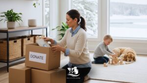 Woman decluttering a living room by organizing items into donation boxes as part of a New Year decluttering service in a North American home.