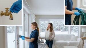 Woman preparing a vacation home for winter by securing doors and handling plumbing tasks in a clean, organized living room.