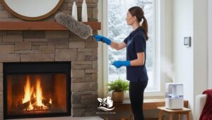Woman dusting a fireplace mantel with a microfiber duster in a clean and cozy winter living room, promoting home wellness cleaning.