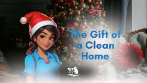 Company mascot wearing a Santa hat promoting cleaning service gift certificates in a Christmas-decorated North American living room.