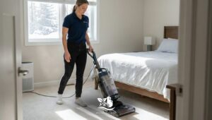 Woman vacuuming a bedroom carpet with a HEPA filter vacuum to reduce winter allergens in a North American home