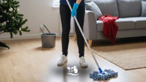Professional cleaner mopping hardwood floors in a clean and organized living room after Christmas celebrations in a North American home.