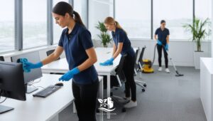 Professional cleaning team performing year-end office deep cleaning, sanitizing desks and vacuuming floors in a modern, organized office.