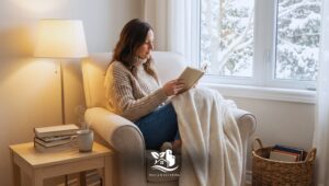 Woman relaxing in a cozy winter reading nook after professional home cleaning by Paula’s Cleaning Services in a North American living room.