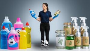 Cleaning professional comparing eco friendly cleaners and traditional chemical products to illustrate green vs traditional cleaners for safer home cleaning choices