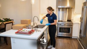 Professional cleaner performing a kitchen deep cleaning after the holidays, scrubbing a rack at the sink in a bright, organized American style kitchen with packed dishes and moving boxes nearby