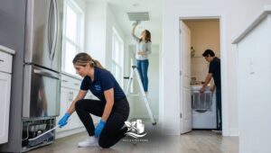 Cleaning team improving energy efficiency through home maintenance cleaning by brushing refrigerator coils, wiping a ceiling vent, and removing a washer filter in a bright, organized kitchen.