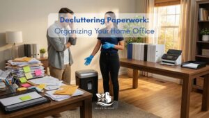 Professional organizer from Paula’s Cleaning Services helping decluttering paperwork in a home office, showing before and after with paper piles, a shredder and a clean desk setup.