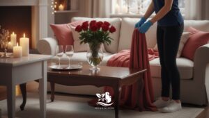 Professional cleaner preparing a cozy living room for a romantic winter home prep before Valentine’s Day, with tidy surfaces, soft lighting and a warm, inviting atmosphere.