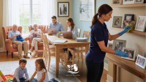 Professional cleaner providing multi-generational home cleaning by dusting family photo shelves in a bright, cozy living room while grandparents, parents and children share the space.