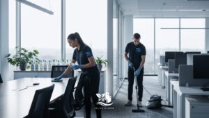 Two Paula’s Cleaning professionals perform a commercial cleaning service in a modern office, wiping a conference table and vacuuming carpeted floors for a hygienic workspace in NH CT and MA.