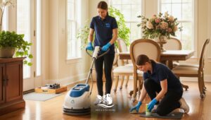 Two professional cleaners polishing a hardwood floor in a bright, cozy dining room using a floor buffer and hand detailing for a glossy finish.