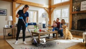 Professional cleaner vacuuming confetti and snack crumbs in a cozy living room after a Super Bowl party, with a family and dog nearby.