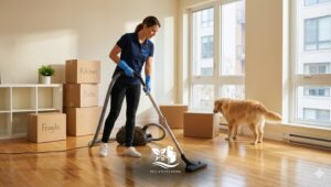 Professional cleaner vacuuming hardwood floors in an empty living room with moving boxes and a dog, making a deep cleaning for new tenants.