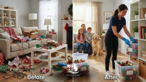 Before and after image of a living room post holiday refresh, showing scattered decorations and wrapping paper, then a cleaner organizing ornaments into storage bins in a tidy home.