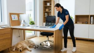 Professional cleaner wiping a home office desk in a modern North American home, with a tidy workspace, computer setup and a dog resting on the floor.