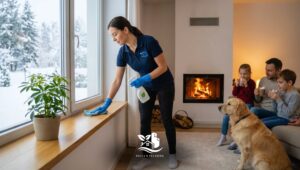 Professional cleaner wiping a window ledge during winter using eco friendly cleaning products in a cozy North American living room with a fireplace, family nearby and a dog.