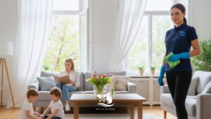 Professional cleaner in gloves holding a microfiber cloth in a bright, tidy living room while a parent and two children relax, highlighting allergy season spring cleaning in a North American style home.