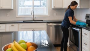 Professional cleaner wiping the stovetop and countertops in a bright, clean North American style kitchen during a kitchen deep cleaning to remove germs and grease.