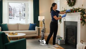 Professional cleaner removing holiday decorations from a fireplace mantel in a cozy, well-organized living room after the holidays.