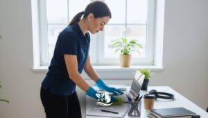 Professional home office cleaning service with a cleaner using a microfiber cloth to sanitize a laptop keyboard in a bright, organized workspace.